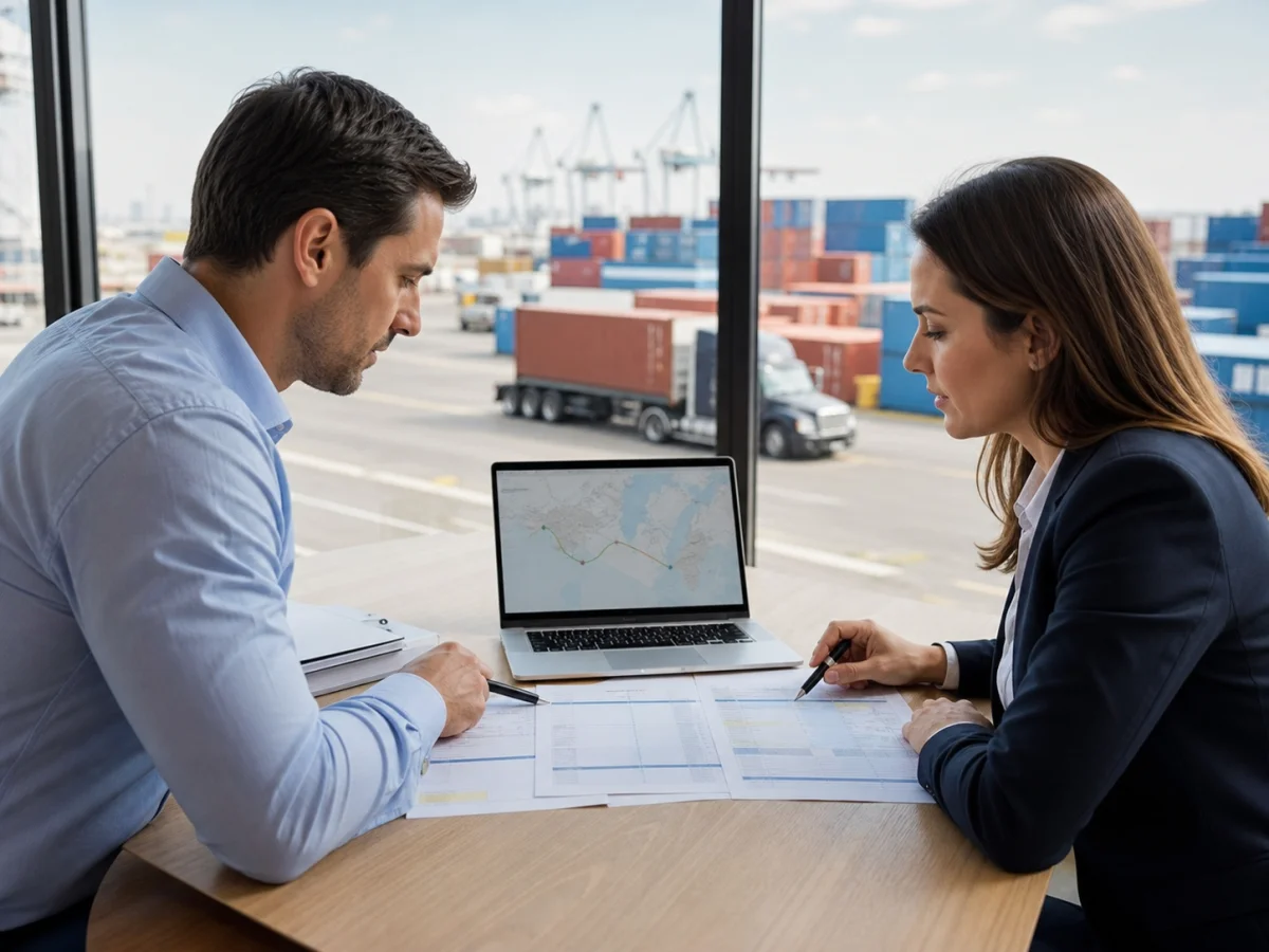 Two logistics professionals reviewing international transport documents beside a container terminal