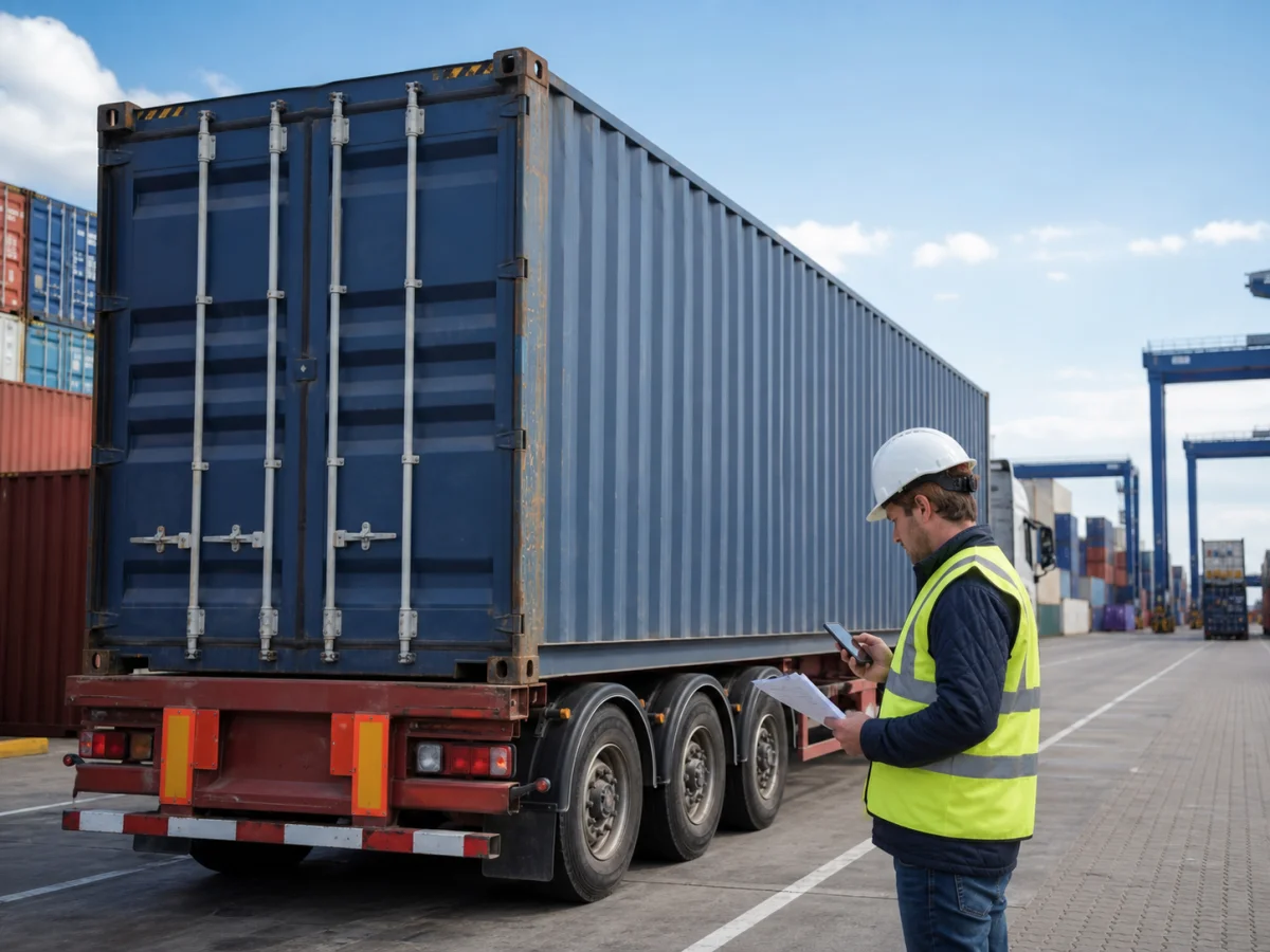 Container truck at a terminal with a logistics coordinator checking release documents
