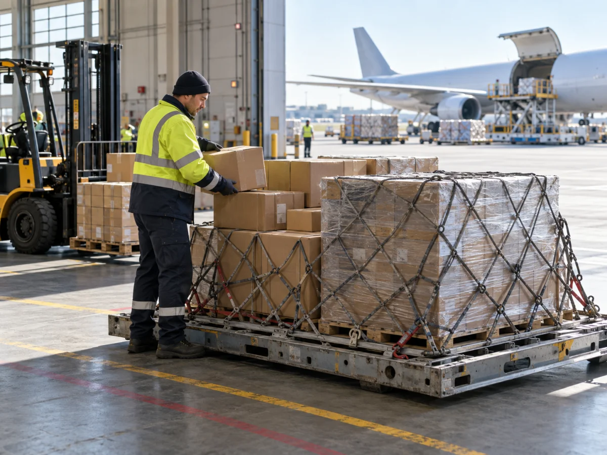 Consolidated air freight being prepared on an airport cargo pallet in Europe