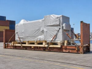 Oversized industrial cargo secured on a Flat Rack container at a European port