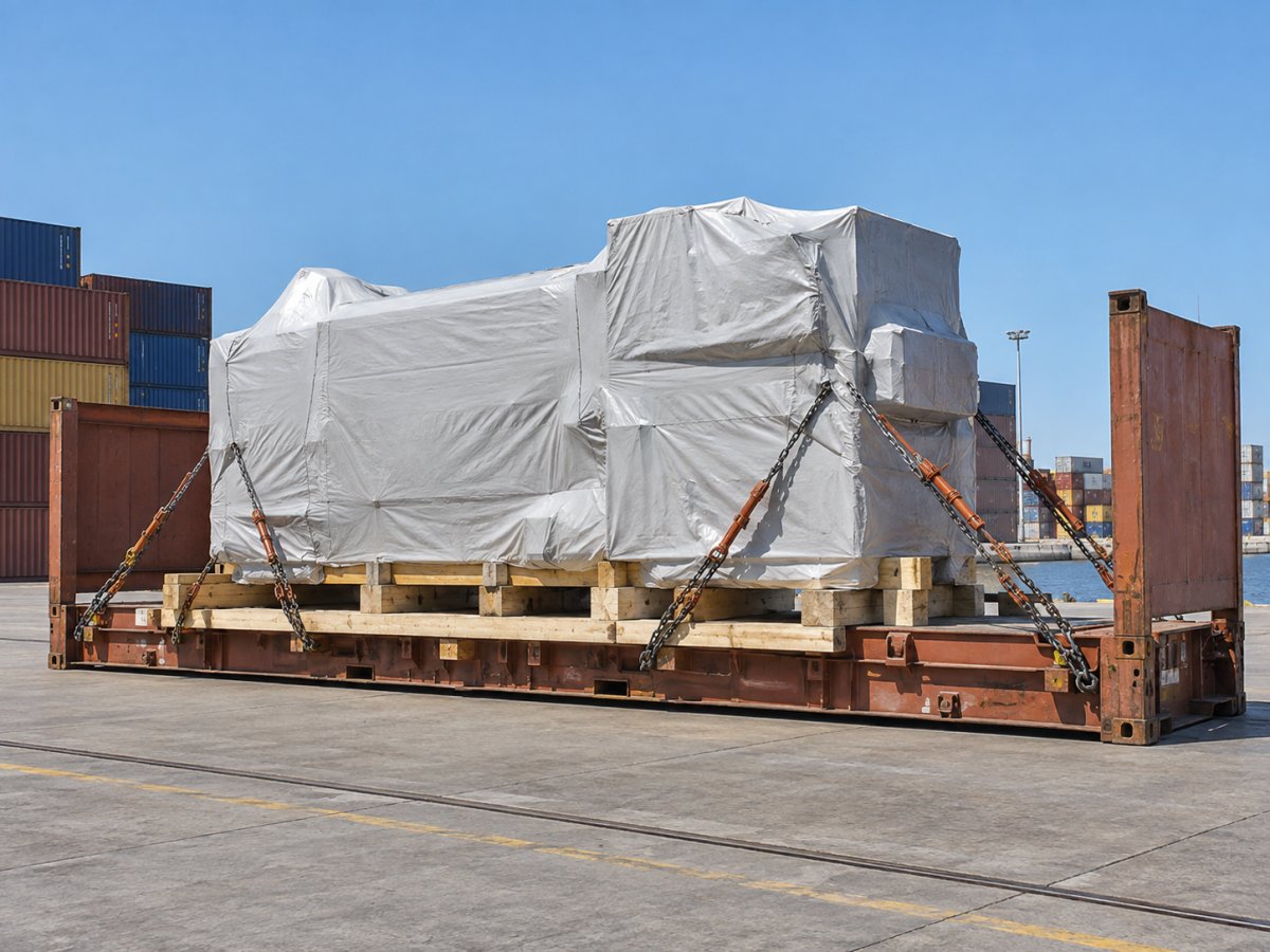 Oversized industrial cargo secured on a Flat Rack container at a European port