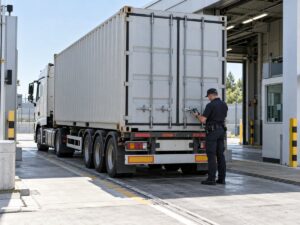 Customs officer checking the seal of a container truck under T1 transit in Europe