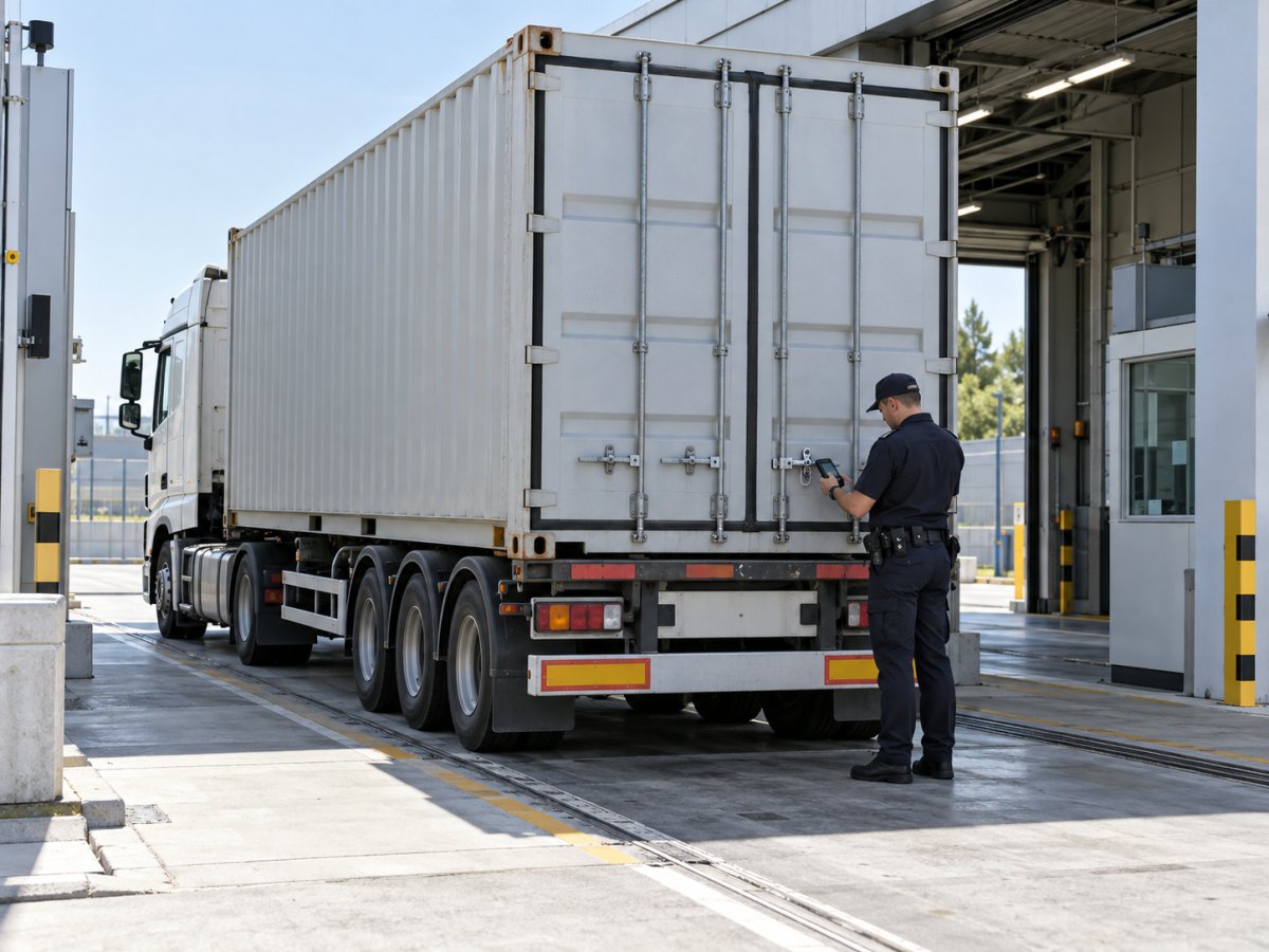 Customs officer checking the seal of a container truck under T1 transit in Europe