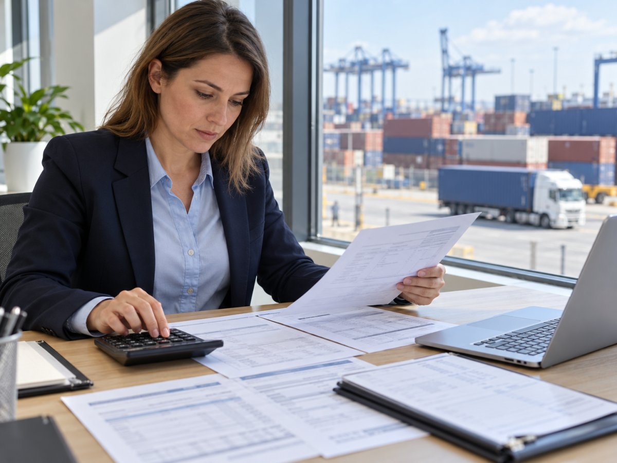 A logistics professional checking import invoices and transport costs with a calculator at a freight terminal office