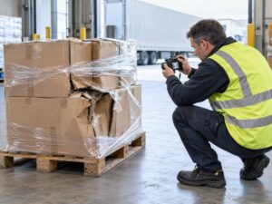 Freight claims inspector photographing damaged pallet cargo in a warehouse