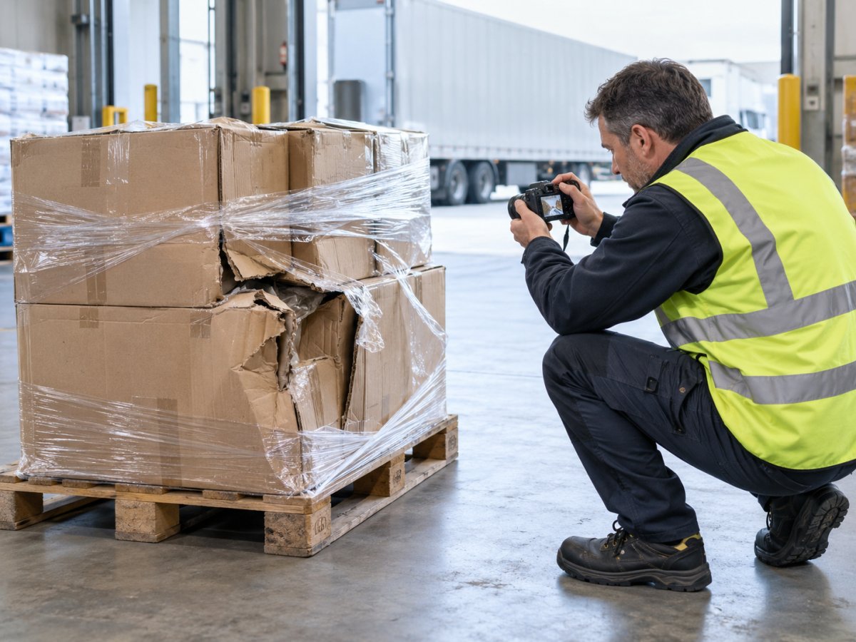 Freight claims inspector photographing damaged pallet cargo in a warehouse