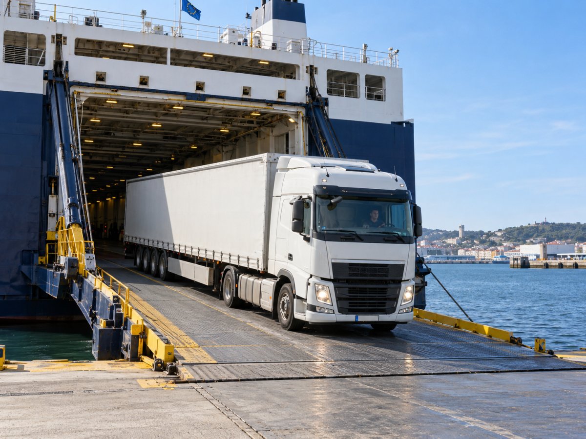 An articulated freight truck leaving a Ro-Ro ferry on a port ramp in daylight